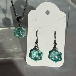 D20 Silver and Blue Dice Earrings and Necklace Jewelry Set